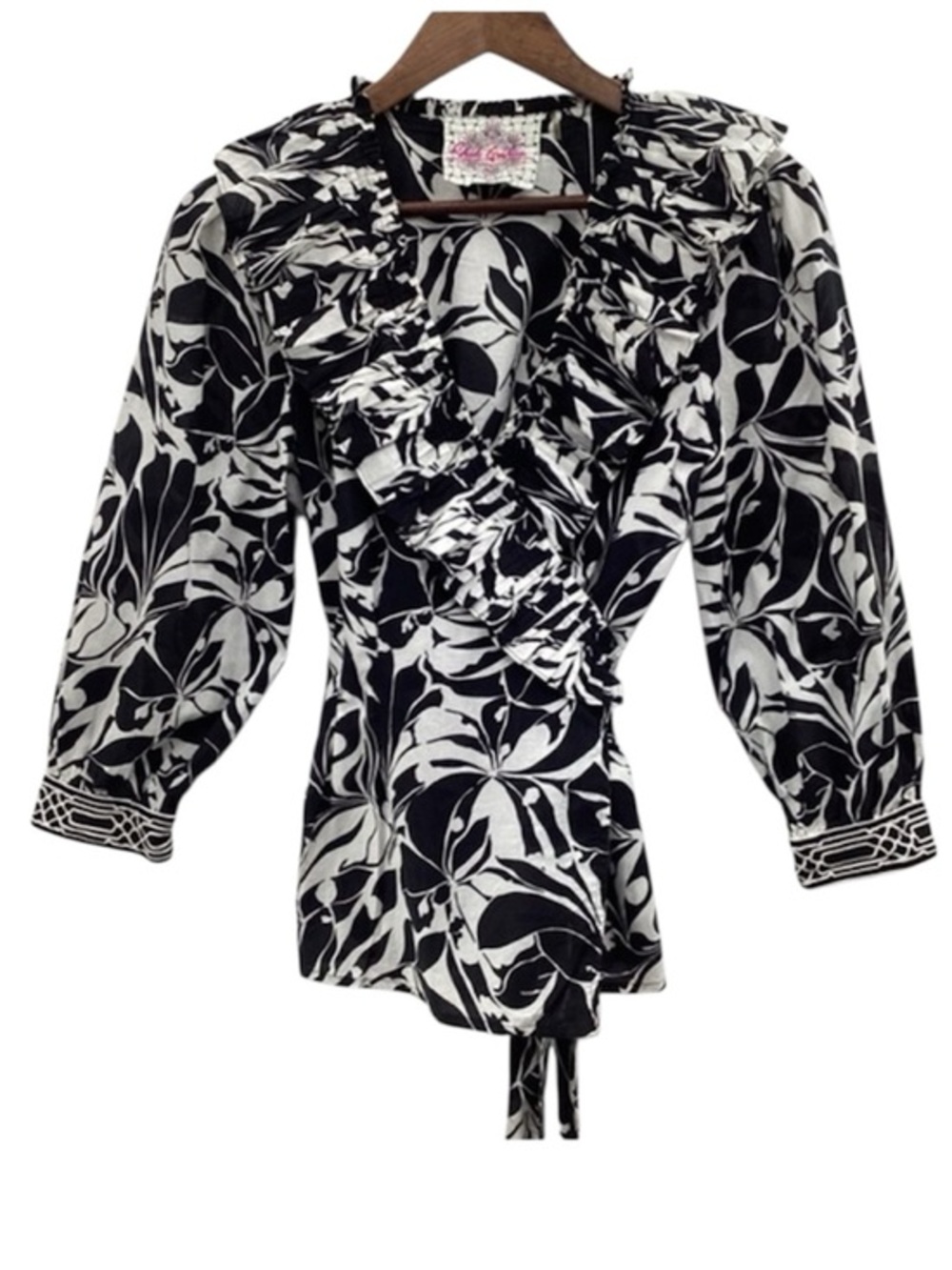 Robert Graham Black and White Floral Wrapped Blouse with Ruffled Colar
